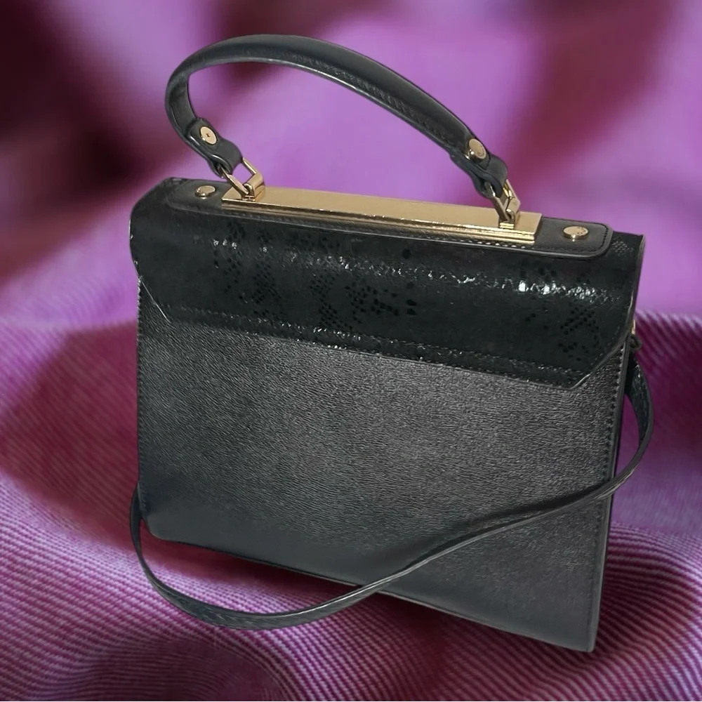 Dune London Black Faux Leather Reptile Embossed Structured Satchel Crossbody - Picture 3 of 15